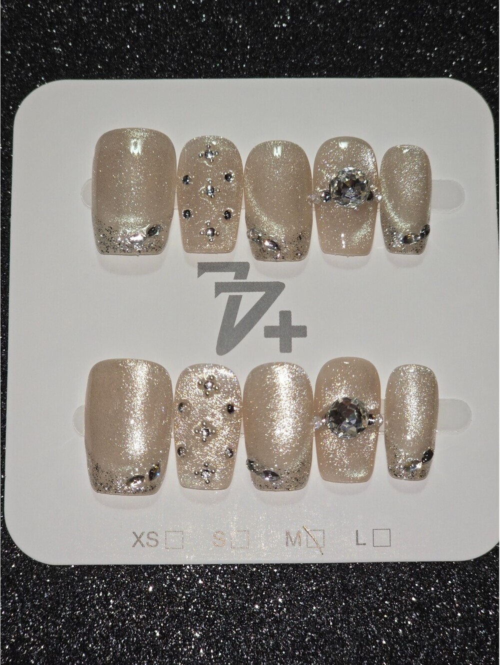 Size Medium Beige Glitter Press-On Nails with Rhinestone Accents